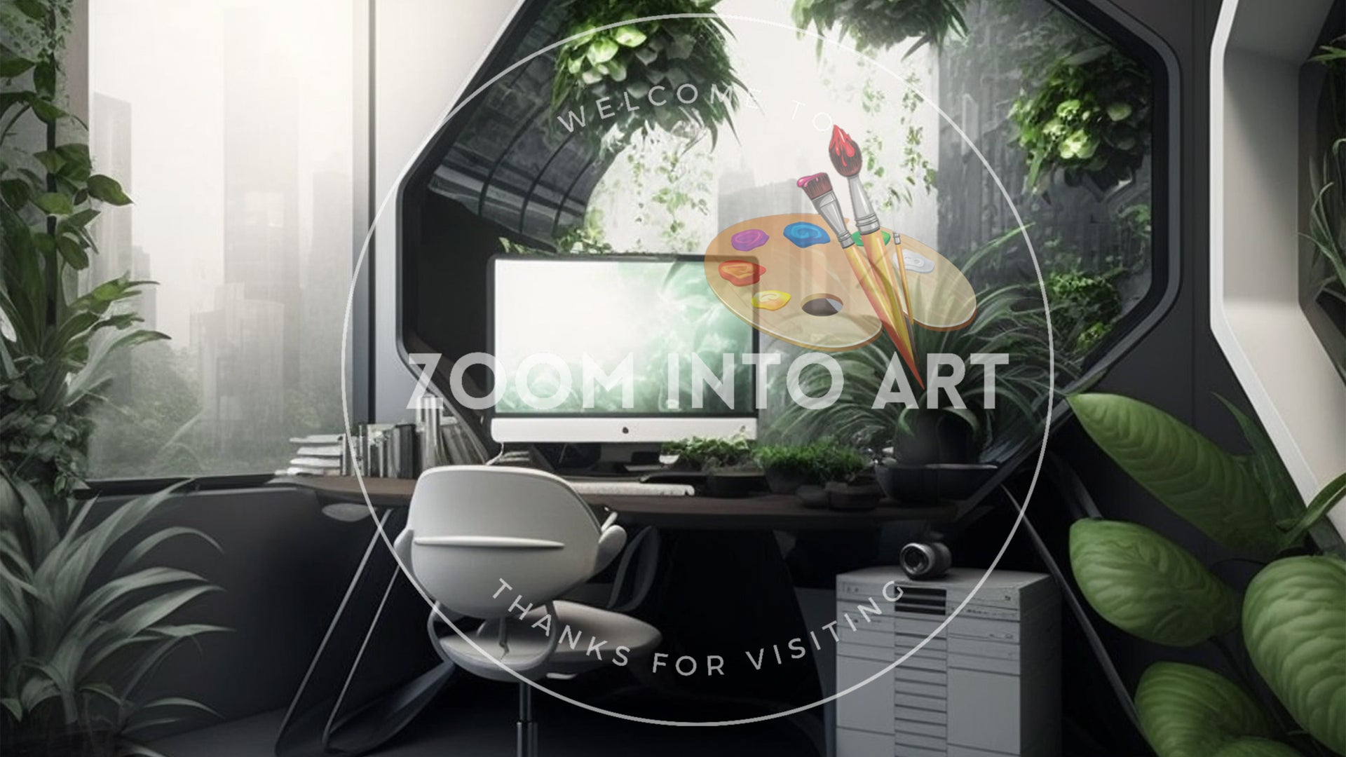 Futuristic Office Interior with View of Skyscrapers from Window