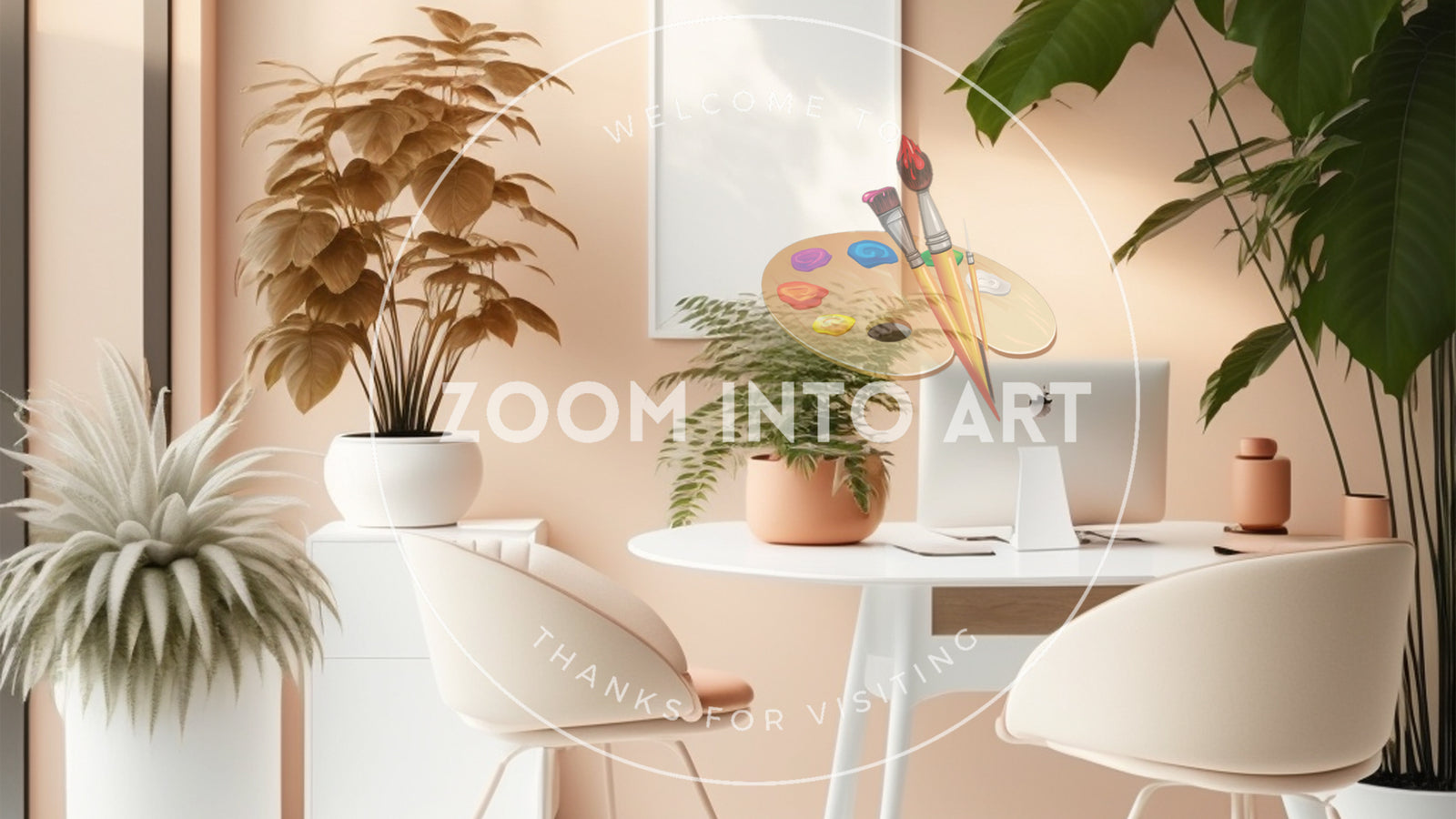 Office with Plants and light Pink Walls