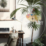 Simple Home Office with Tall Rubber Tree Plant