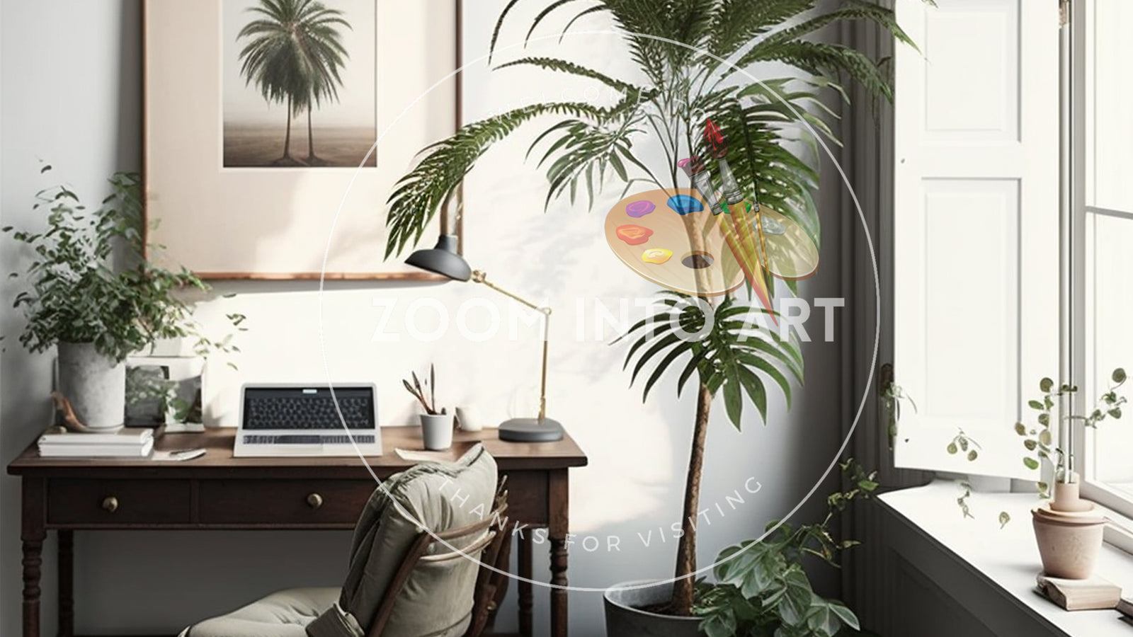 Simple Home Office with Tall Rubber Tree Plant