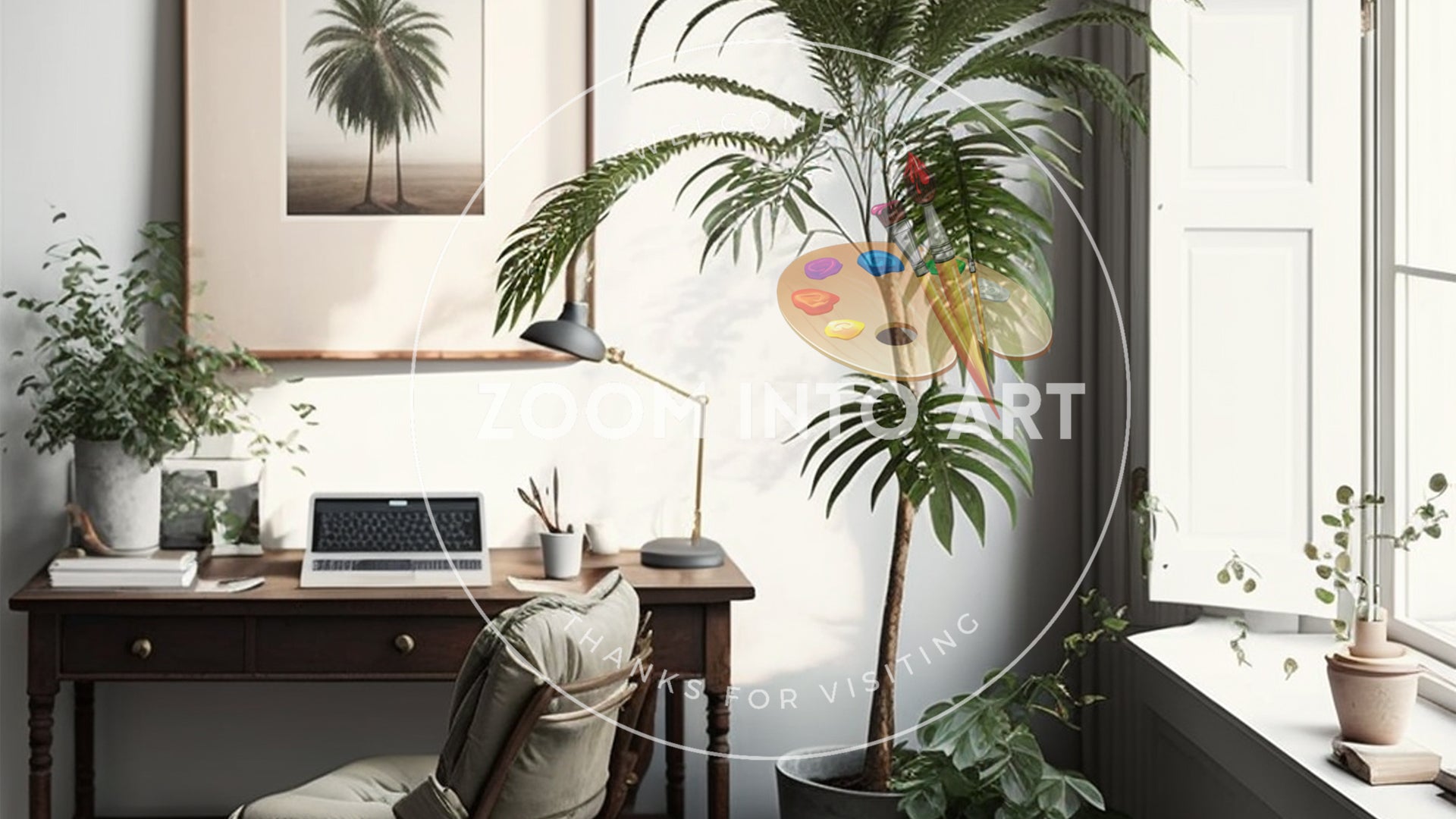 Simple Home Office with Tall Rubber Tree Plant