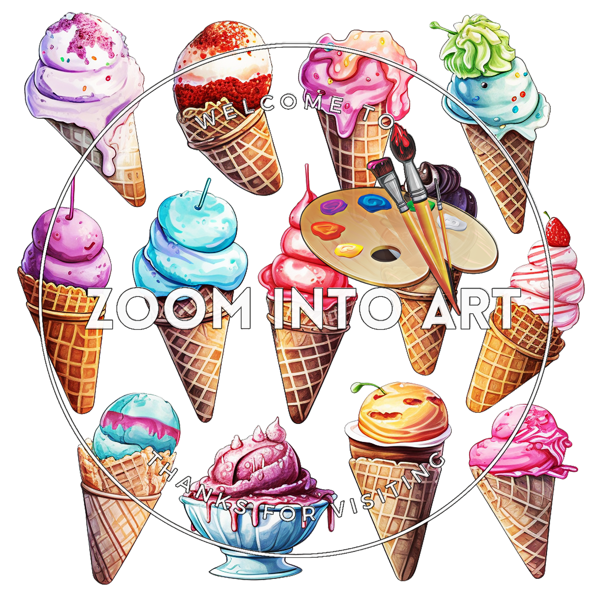 17 Watercolor Ice Cream PNGs – Summer Dessert Clipart for Cricut, Scrapbooking & Digital Projects